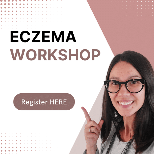 eczema workshop tile with Dr Melissa pointing to button Register Here